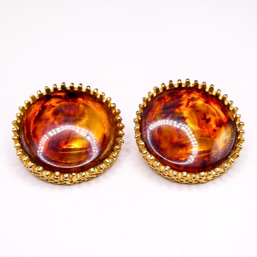 Bakelite Brown-Red Rootbeer Swirl Goldtone Metal Clip On Button Earrings Vintage